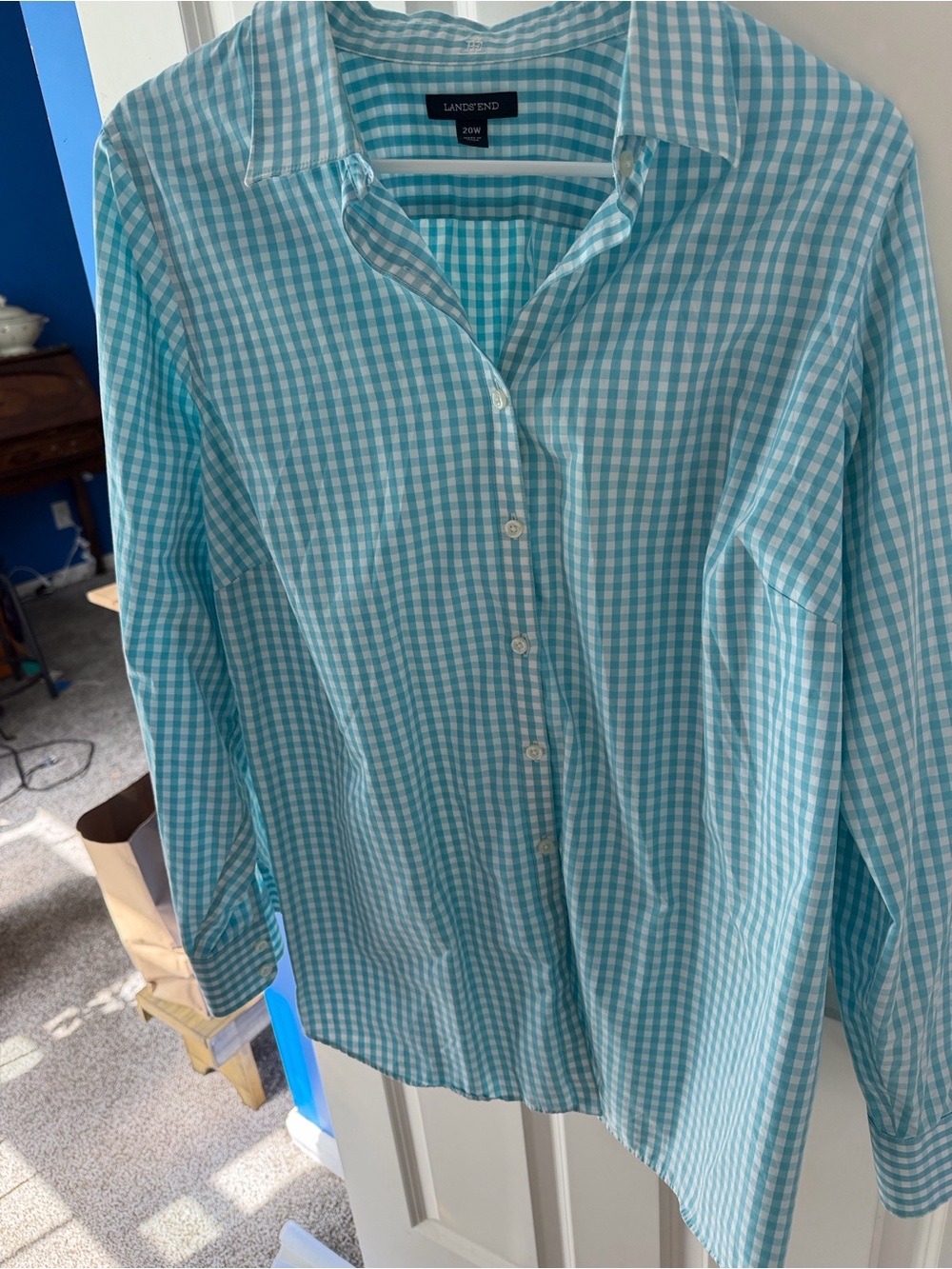 Lands' End Aqua and White Gingham Button-Down Shirt
